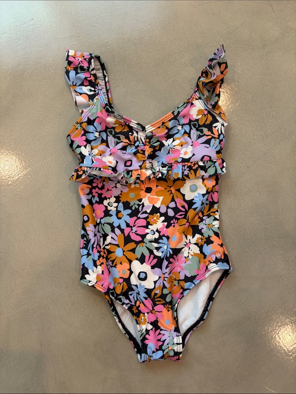 Girls Floral Ruffle One-Piece Swimsuit — Black Multicolor